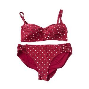 NipTuck Polka Dot Bikini Red Ruched Sz 12 Retro Swim Set (See Flaws)